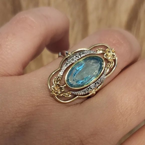 Jewelry - 926 Silver 18k Gold Ring with Aquamarine Colored Stone Size 9